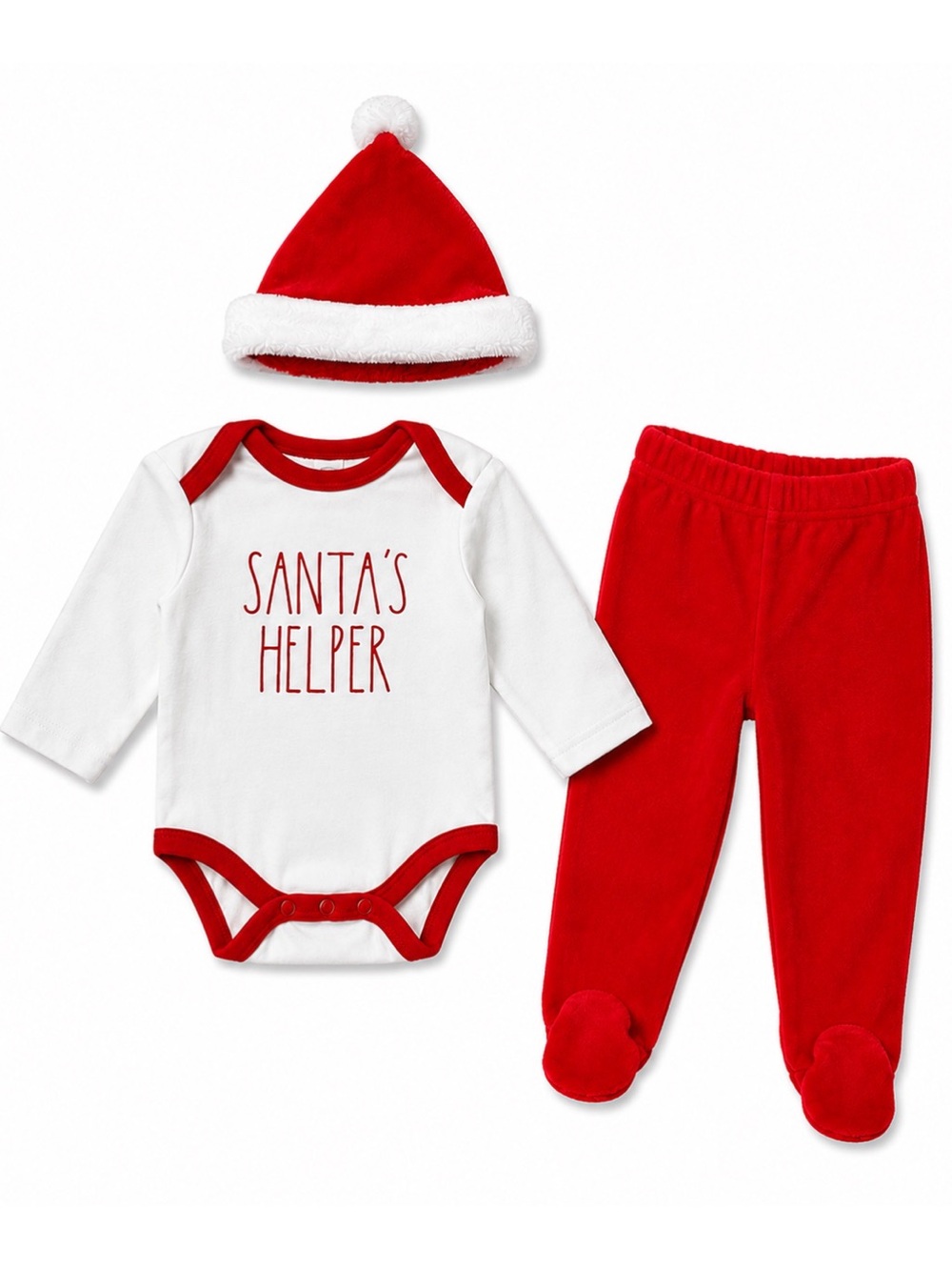 Rae Dunn Baby Red & White 3-Piece Santas Helper Outfit Set Unisex Baby Size 3-6M
